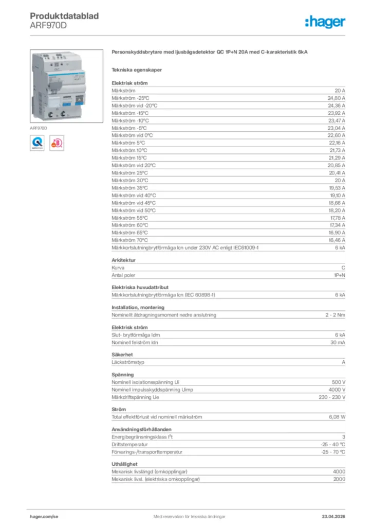 Bild Hager Produktdatablad ARF970D | Hager Sverige