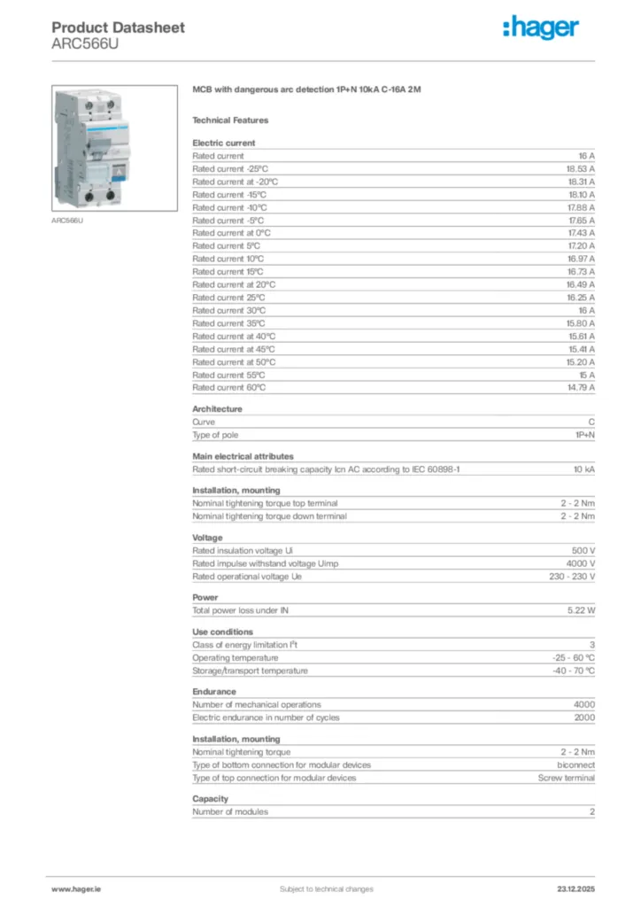 Image Hager Product data sheet ARC566U  | Hager