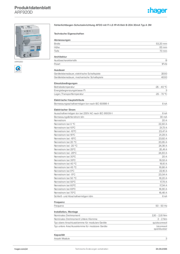 Bild Hager Produktdatenblatt ARF920D | Hager Deutschland
