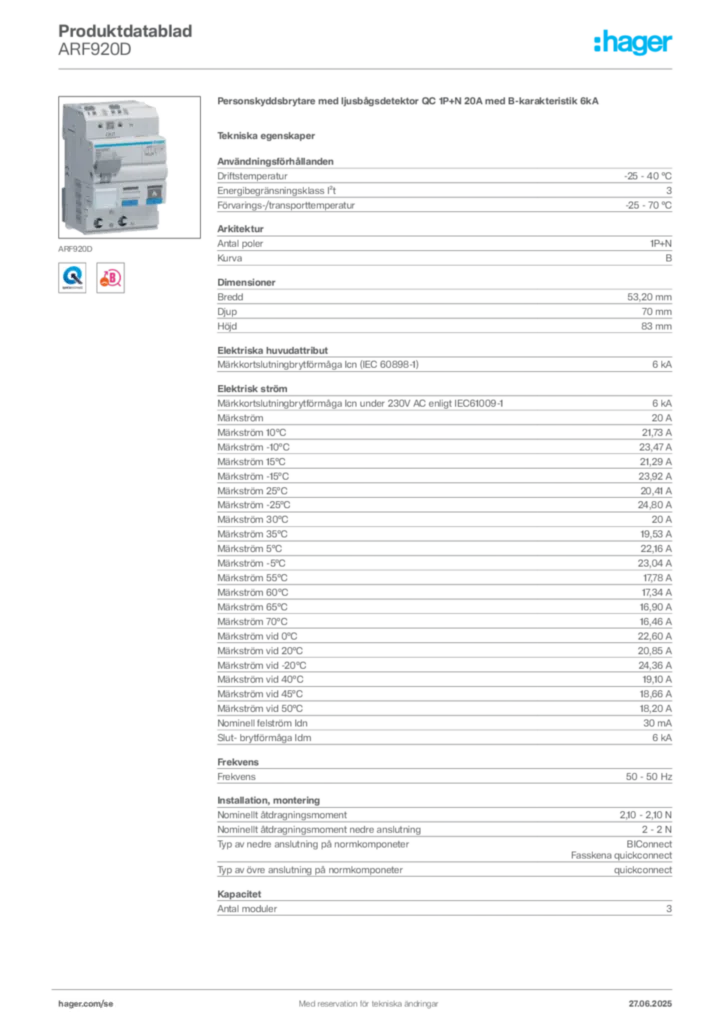 Bild Hager Produktdatablad ARF920D | Hager Sverige