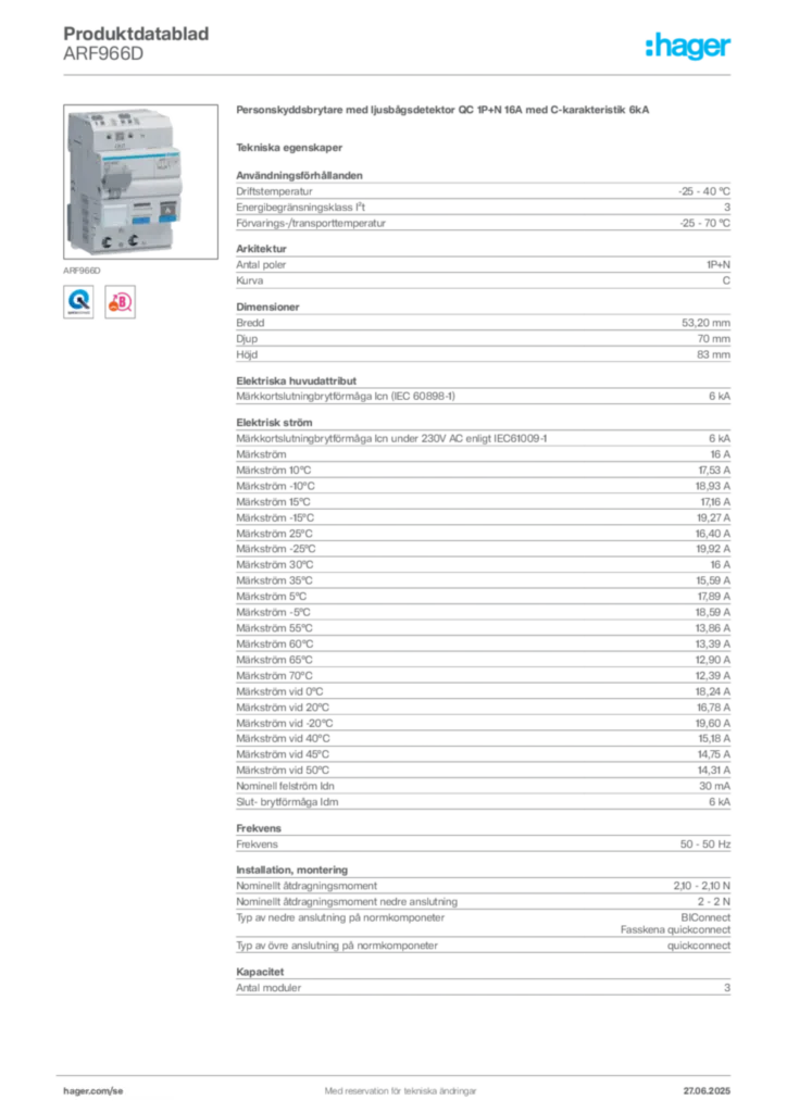 Bild Hager Produktdatablad ARF966D | Hager Sverige