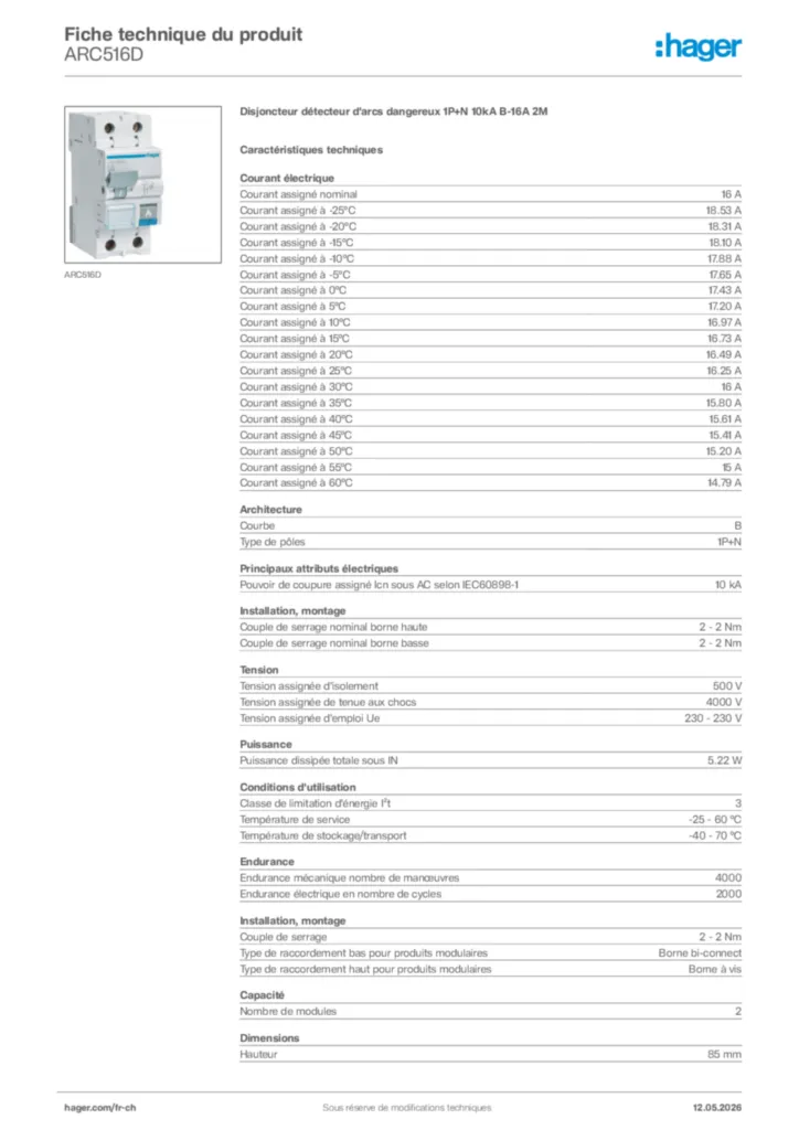 Image Hager Fiche technique du produit ARC516D | Hager Suisse