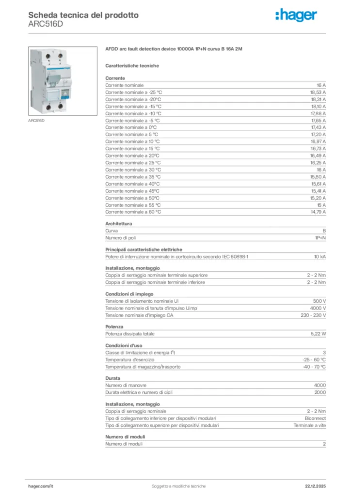 Immagine Hager Scheda tecnica del prodotto ARC516D | Hager Italia
