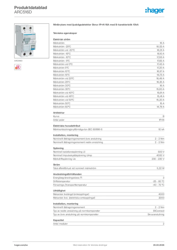 Bild Hager Produktdatablad ARC516D | Hager Sverige