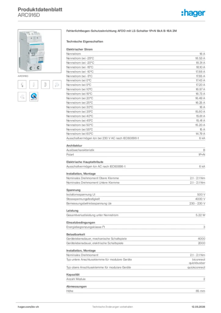 Bild Hager Produktdatenblatt ARC916D | Hager Schweiz