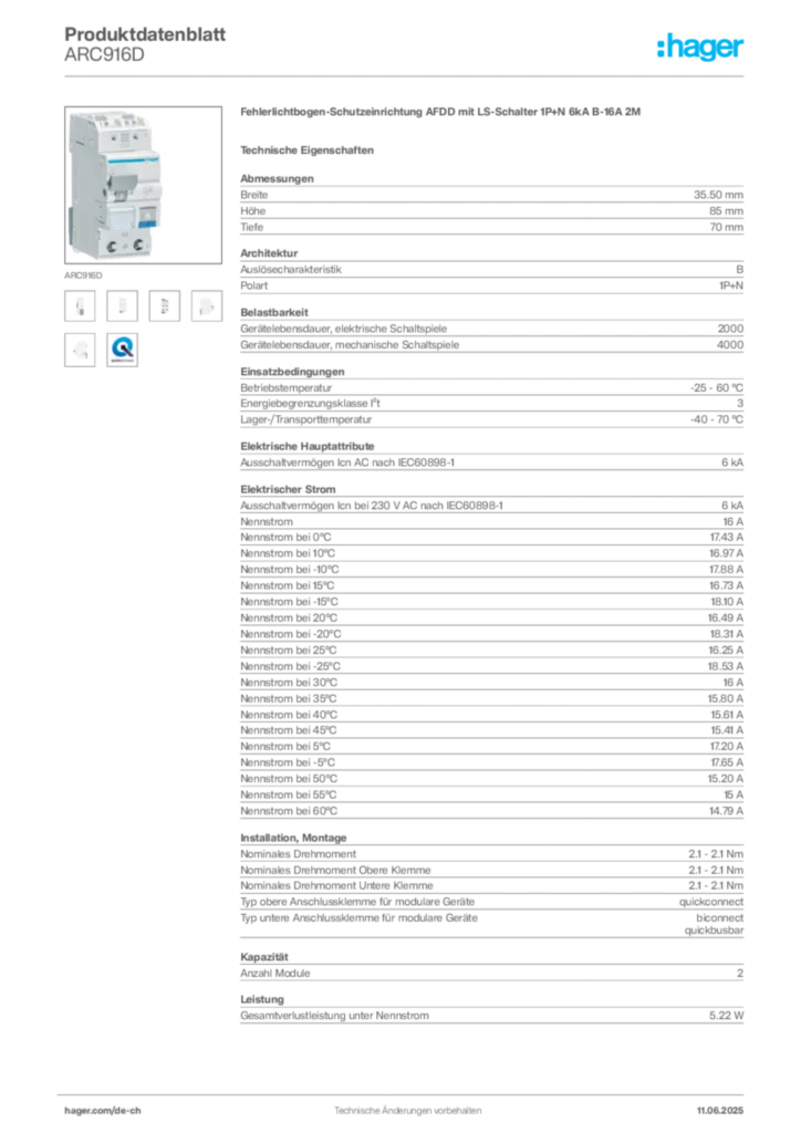 Bild Hager Produktdatenblatt ARC916D | Hager Schweiz
