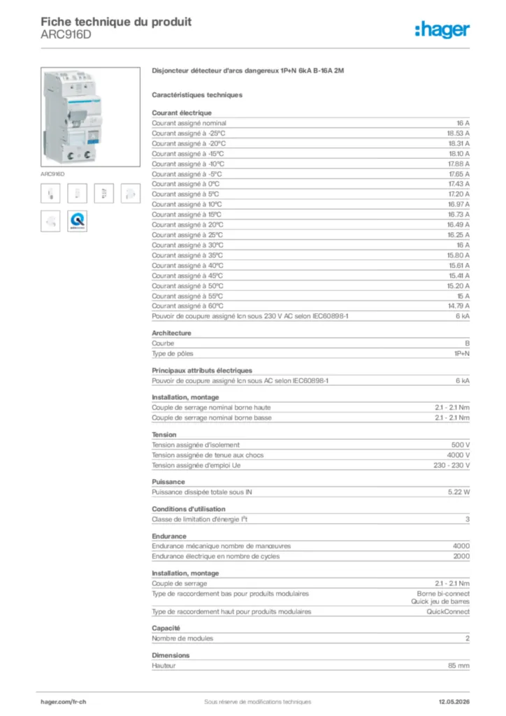Image Hager Fiche technique du produit ARC916D | Hager Suisse