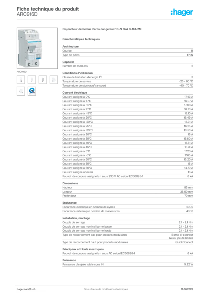 Image Hager Fiche technique du produit ARC916D | Hager Suisse