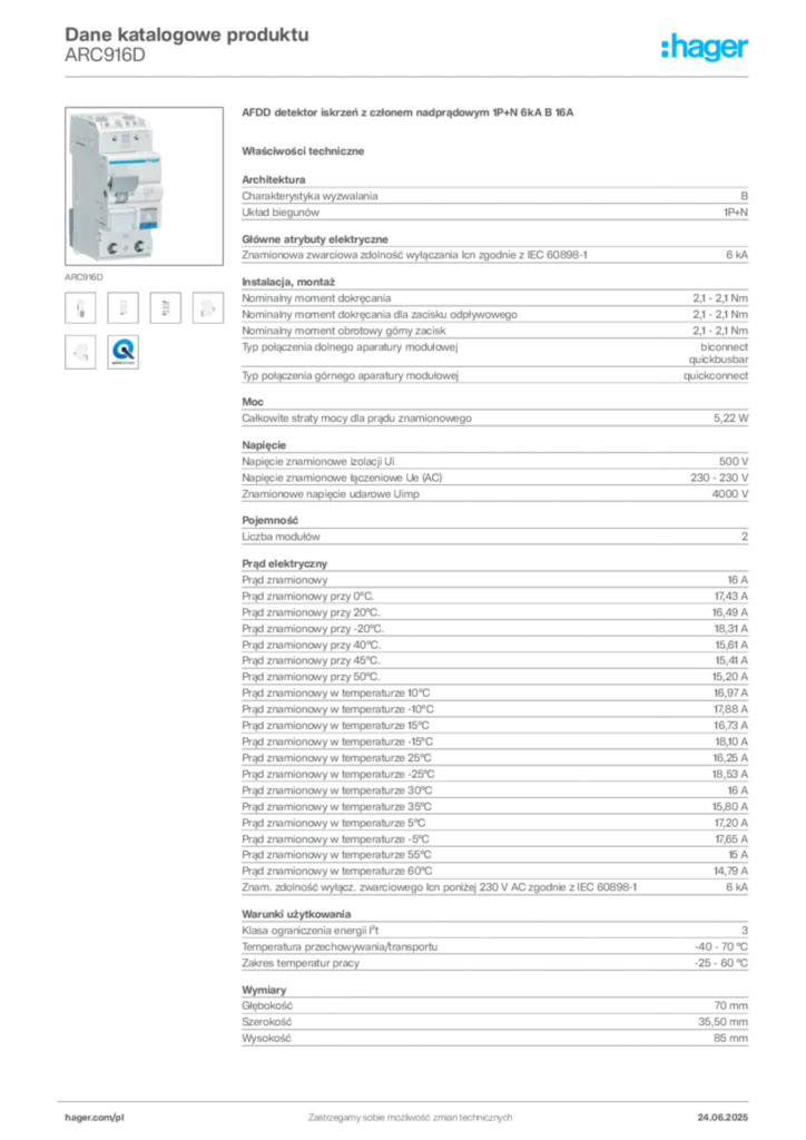 Zdjęcie Hager Dane katalogowe produktu ARC916D | Hager Polska
