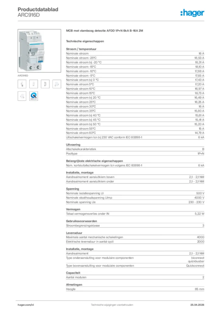 Afbeelding Hager Productdatablad ARC916D | Hager Nederland