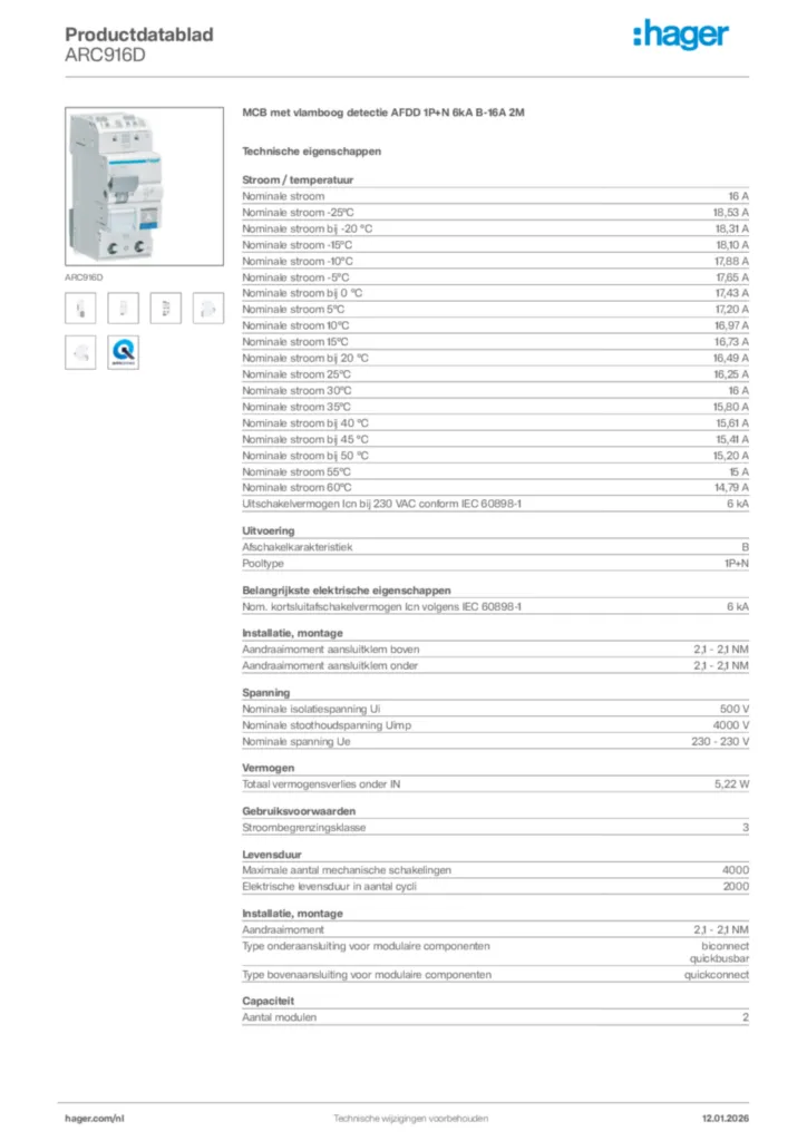 Afbeelding Hager Productdatablad ARC916D | Hager Nederland