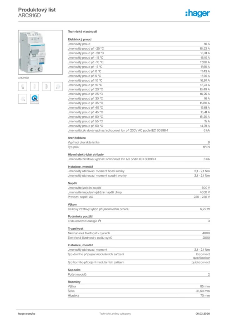 Obrázek Hager Product data sheet ARC916D | Hager