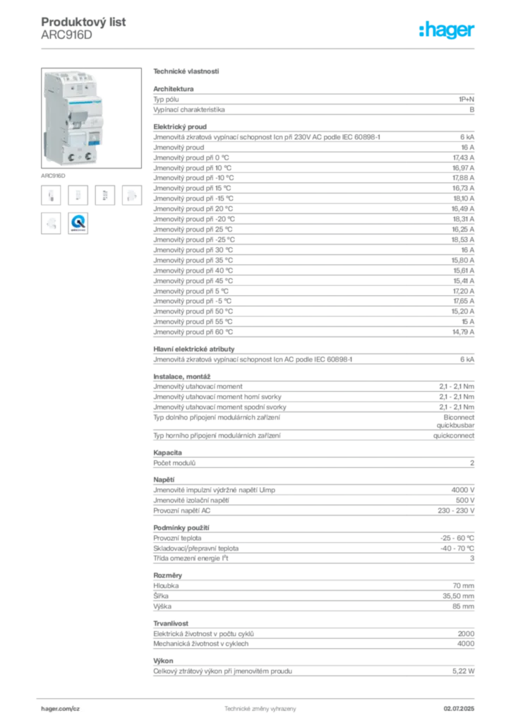 Obrázek Hager Product data sheet ARC916D | Hager