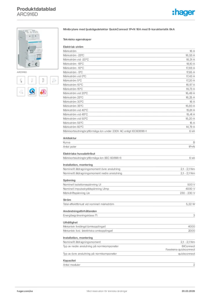 Bild Hager Produktdatablad ARC916D | Hager Sverige