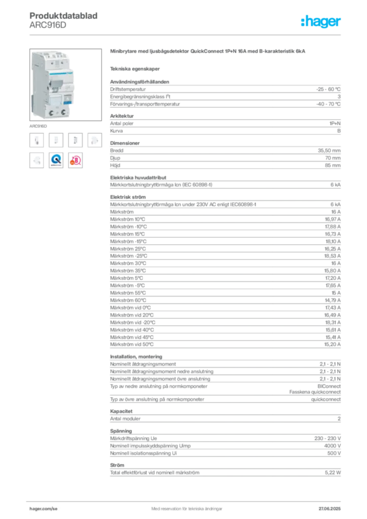 Bild Hager Produktdatablad ARC916D | Hager Sverige