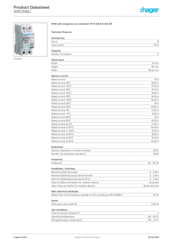 Image Hager Product data sheet ARC516U  | Hager