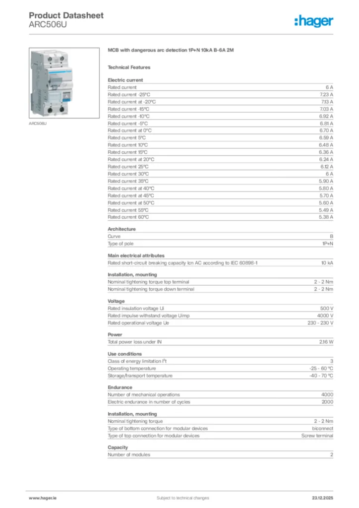 Image Hager Product data sheet ARC506U  | Hager