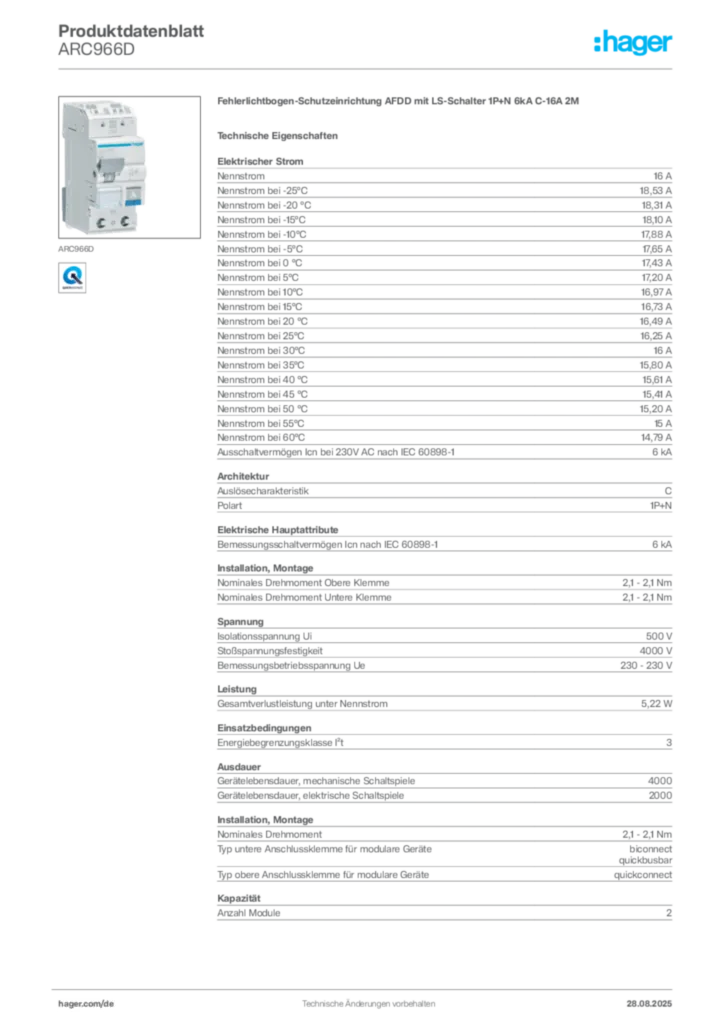 Hager Produktdatenblatt ARC966D