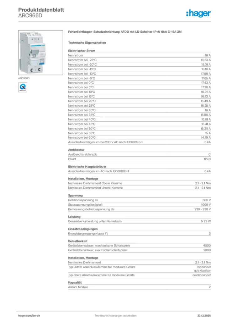 Bild Hager Produktdatenblatt ARC966D | Hager Schweiz