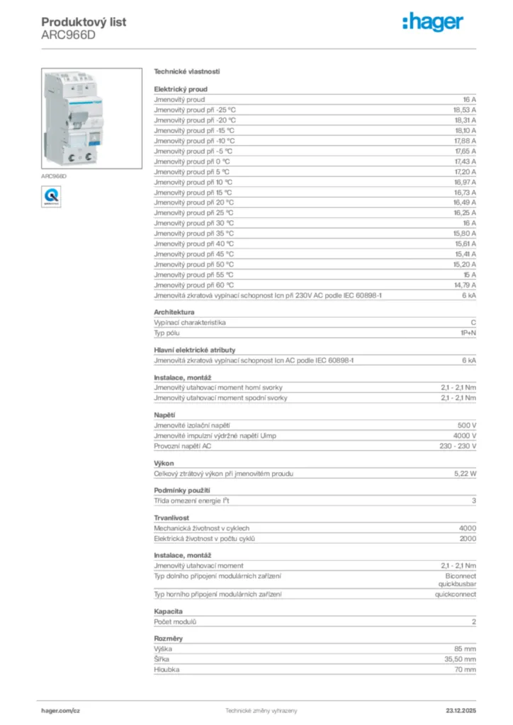 Obrázek Hager Product data sheet ARC966D | Hager