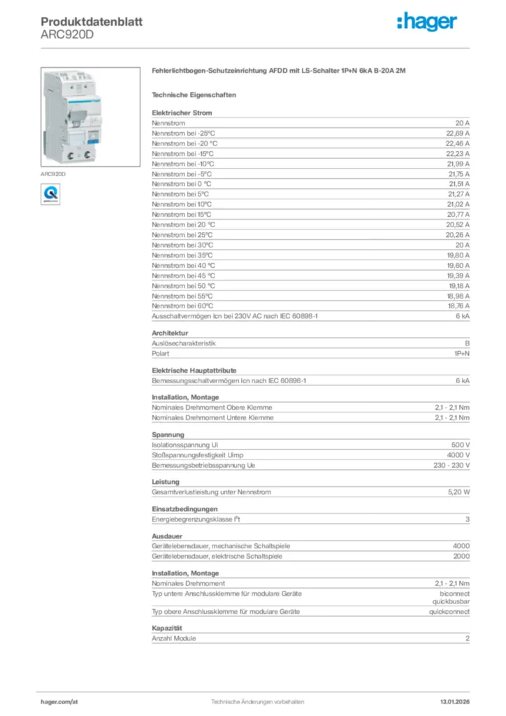 Bild Hager Produktdatenblatt ARC920D | Hager Deutschland