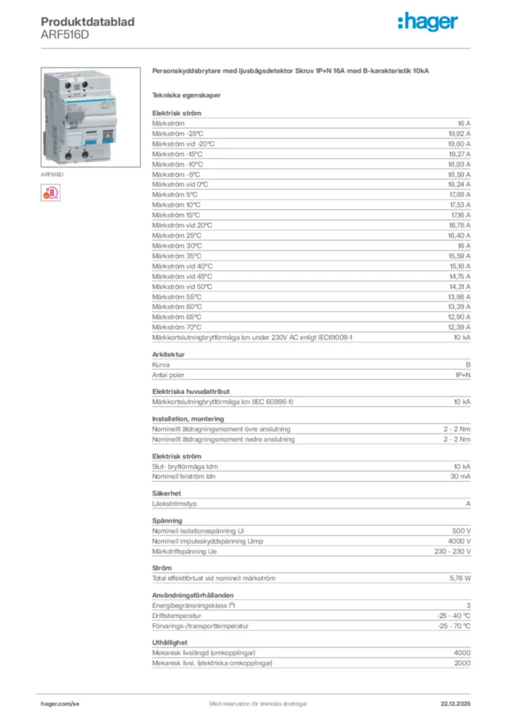 Bild Hager Produktdatablad ARF516D | Hager Sverige