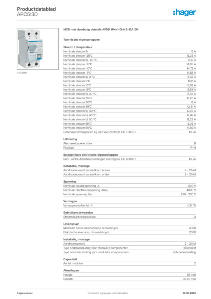 Afbeelding Hager Productdatablad ARC513D | Hager Nederland