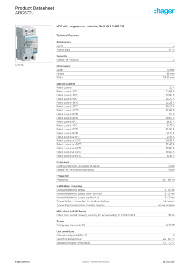 Image Hager Product data sheet ARC570U  | Hager