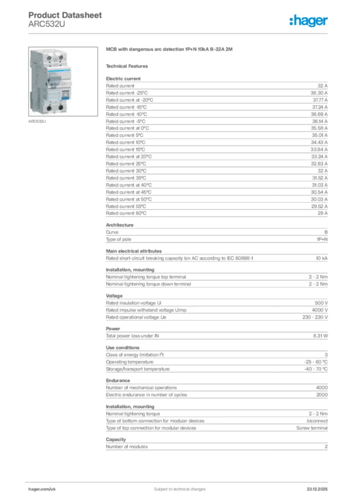 Image Hager Product data sheet ARC532U  | Hager