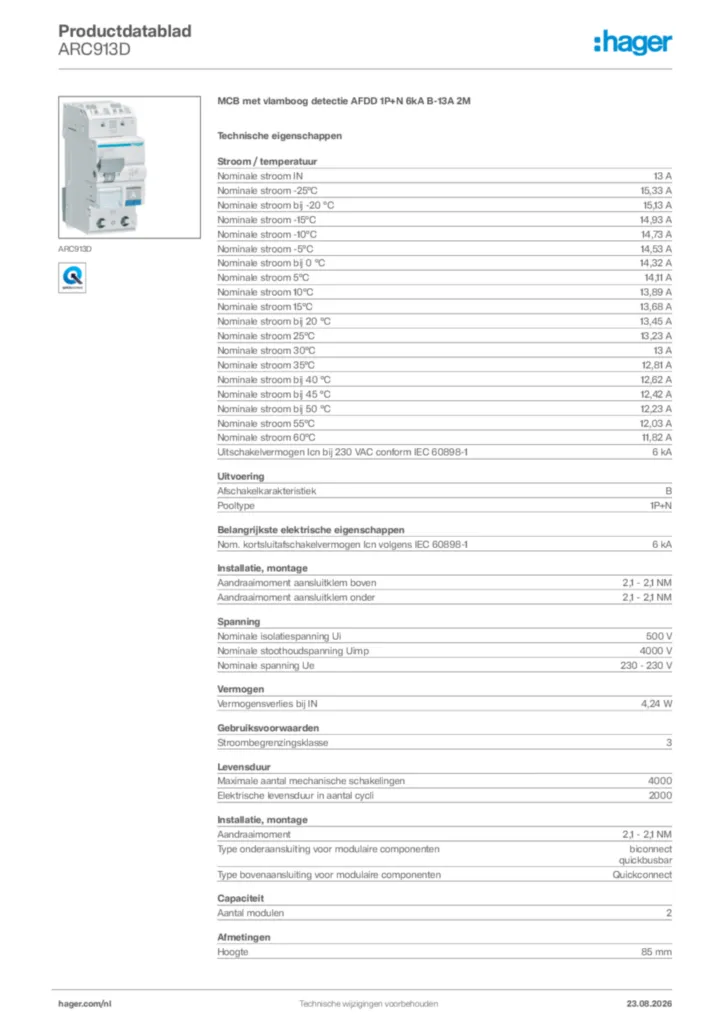 Afbeelding Hager Productdatablad ARC913D | Hager Nederland