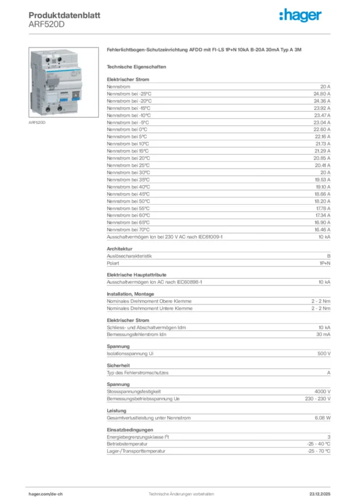 Bild Hager Produktdatenblatt ARF520D | Hager Schweiz