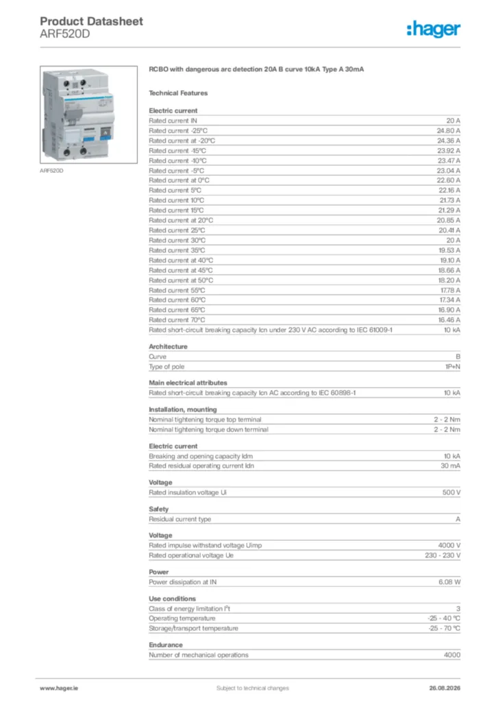 Image Hager Product data sheet ARF520D  | Hager