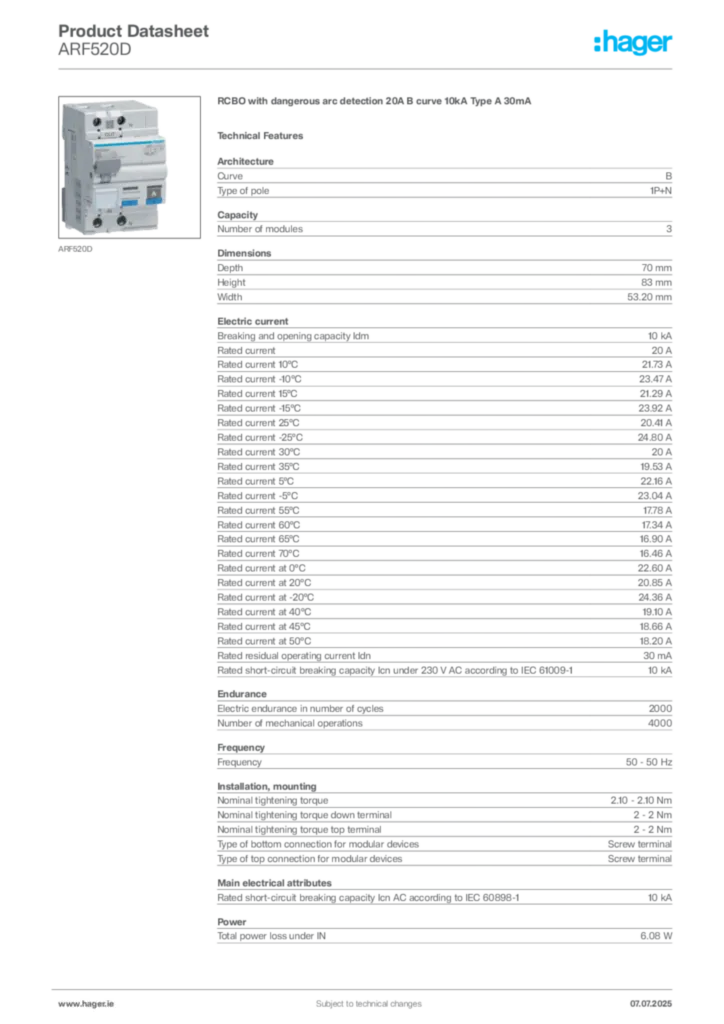 Image Hager Product data sheet ARF520D  | Hager