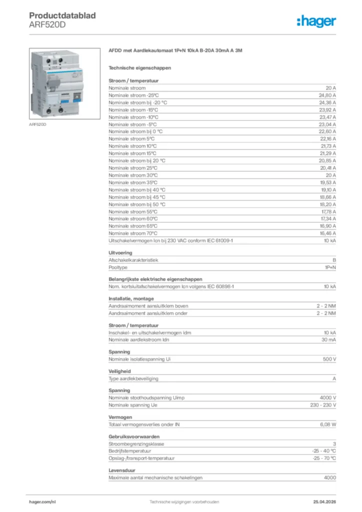 Afbeelding Hager Productdatablad ARF520D | Hager Nederland