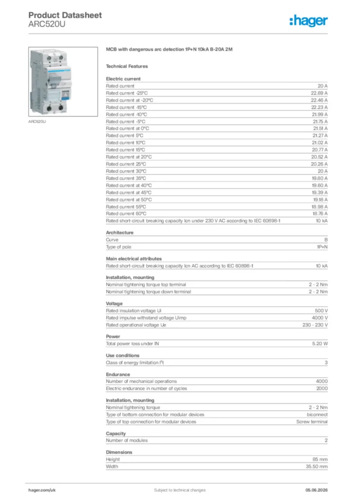 Image Hager Product data sheet ARC520U  | Hager