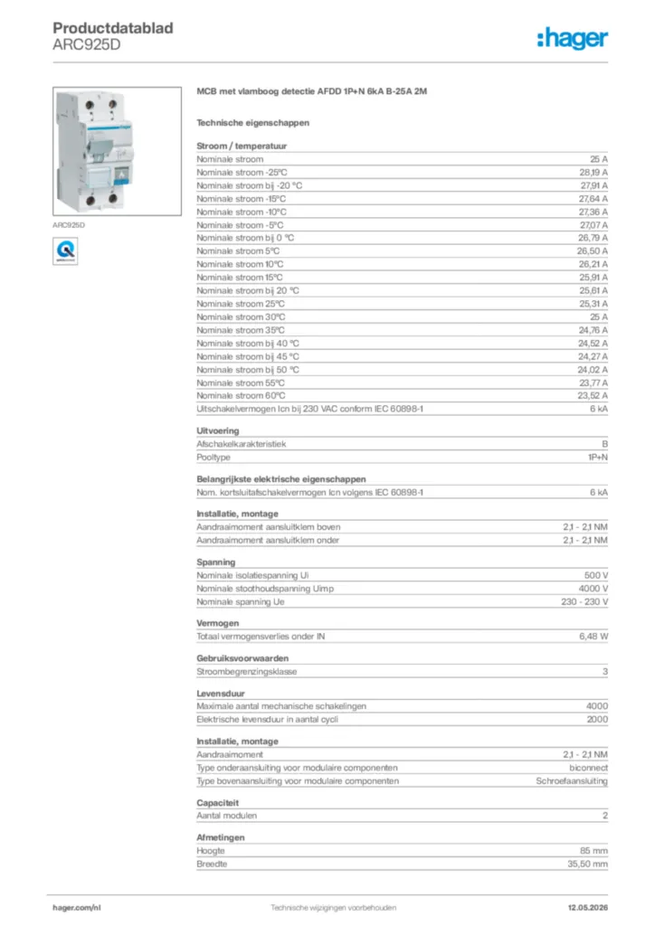 Afbeelding Hager Productdatablad ARC925D | Hager Nederland
