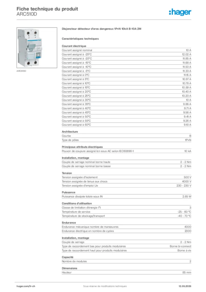 Image Hager Fiche technique du produit ARC510D | Hager Suisse