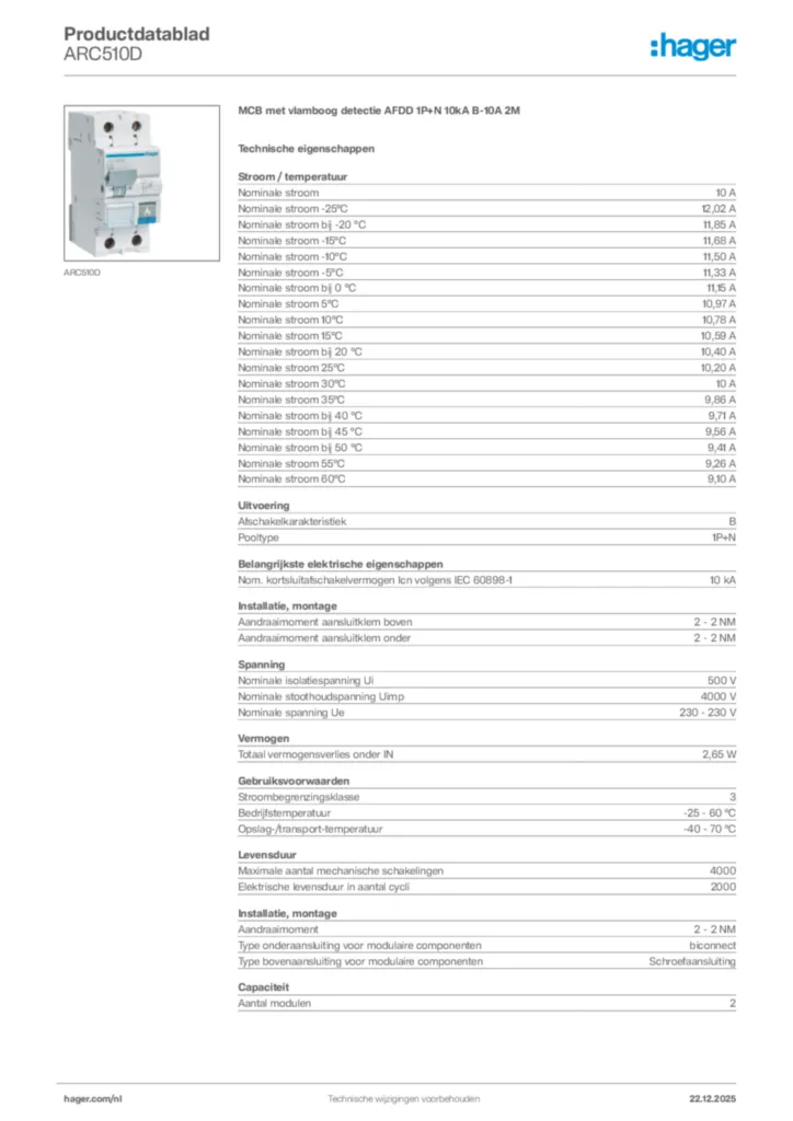 Afbeelding Hager Productdatablad ARC510D | Hager Nederland