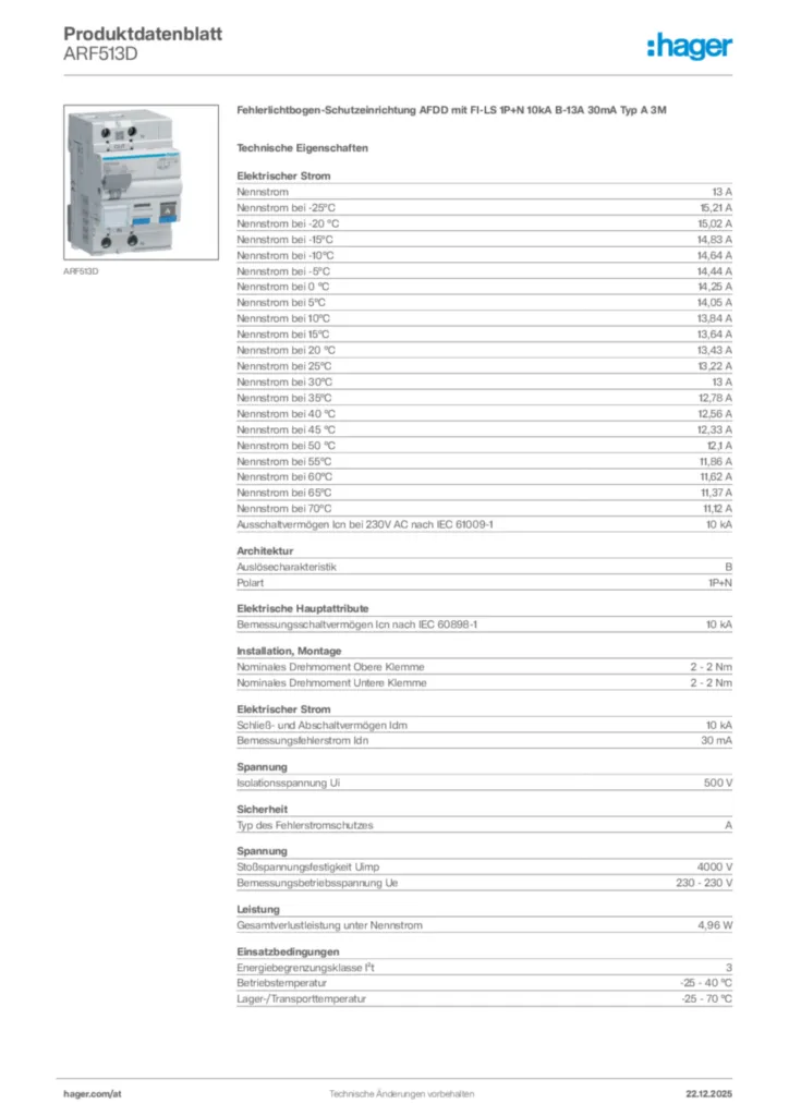 Bild Hager Produktdatenblatt ARF513D | Hager Deutschland