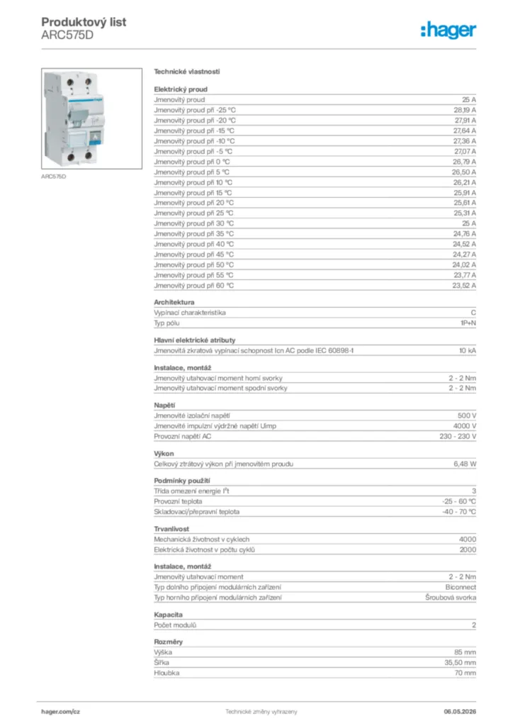 Obrázek Hager Product data sheet ARC575D | Hager