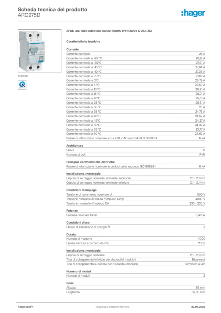 Immagine Hager Scheda tecnica del prodotto ARC975D | Hager Italia