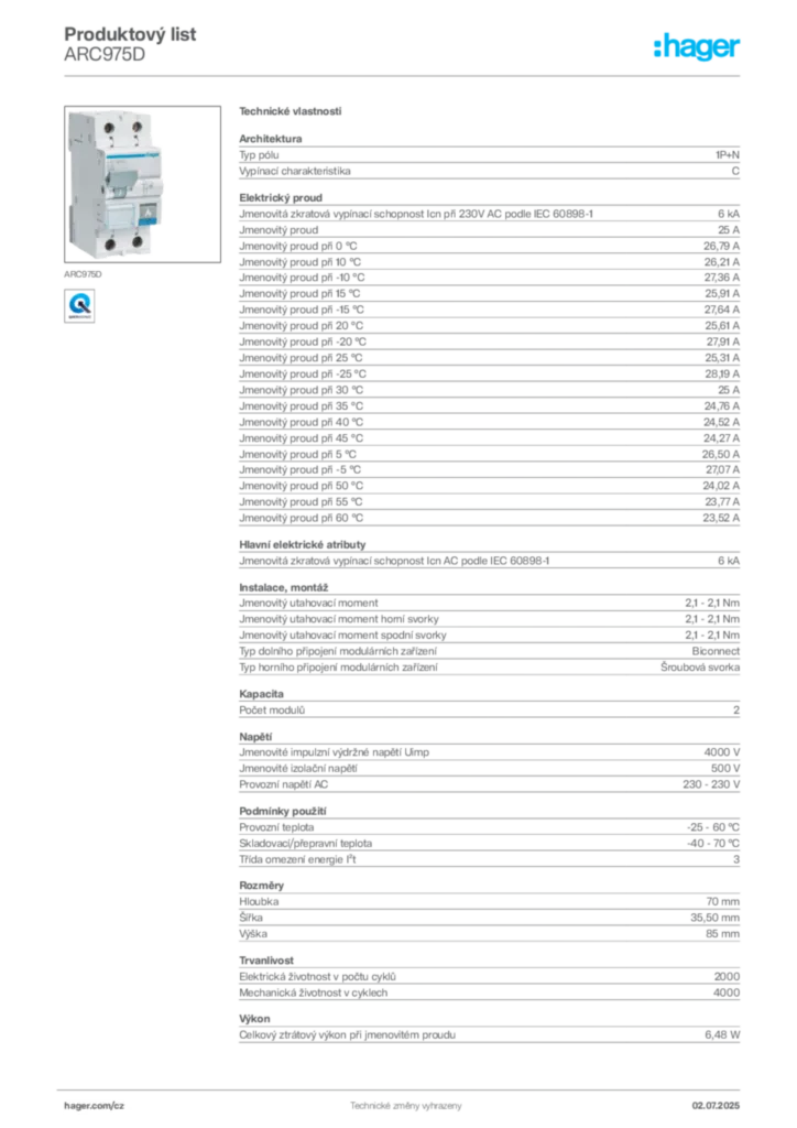 Obrázek Hager Product data sheet ARC975D | Hager