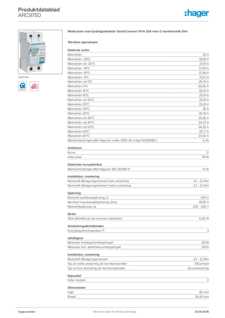 Bild Hager Produktdatablad ARC975D | Hager Sverige