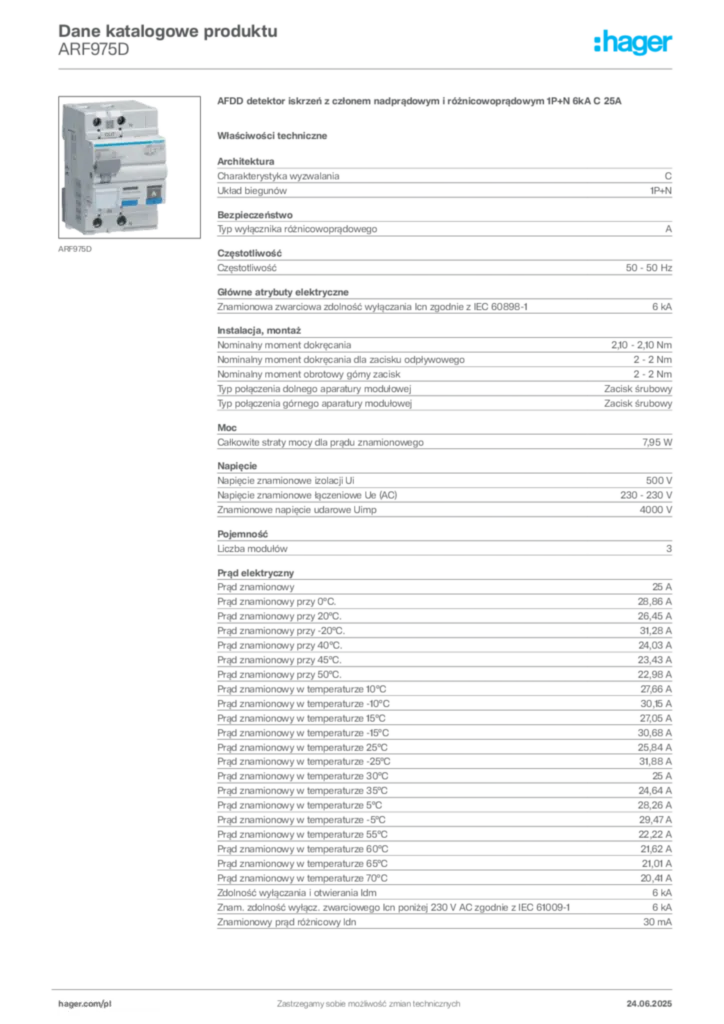 Zdjęcie Hager Dane katalogowe produktu ARF975D | Hager Polska