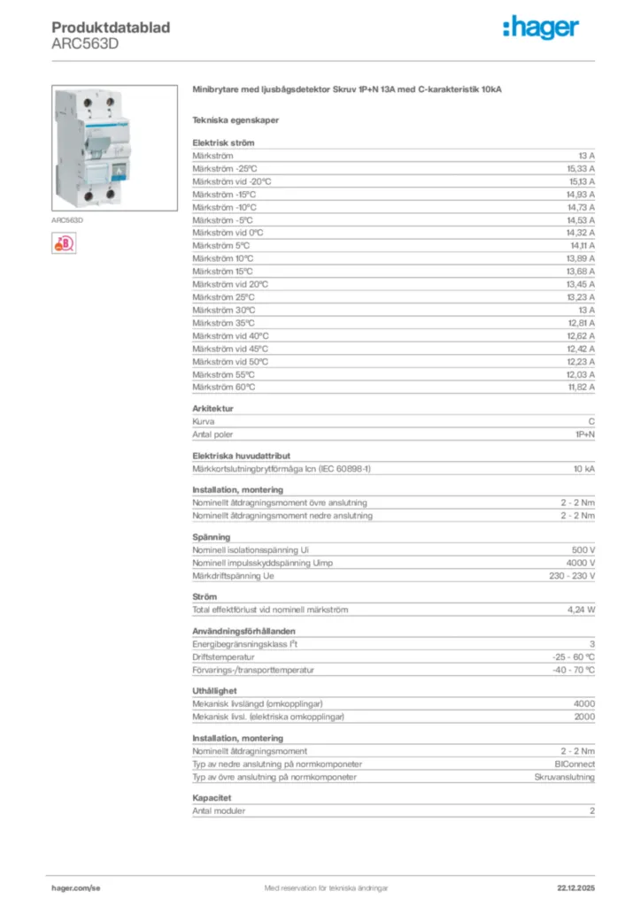Bild Hager Produktdatablad ARC563D | Hager Sverige