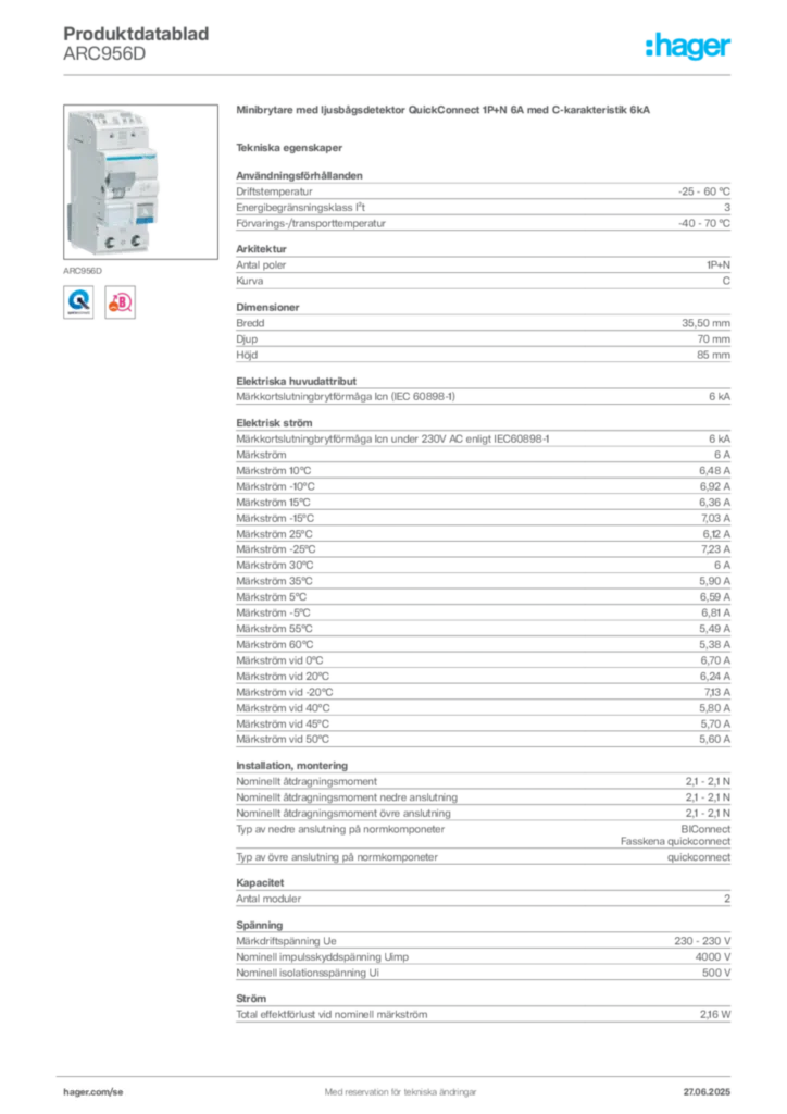 Bild Hager Produktdatablad ARC956D | Hager Sverige