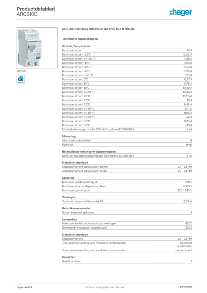 Afbeelding Hager Productdatablad ARC910D | Hager Nederland