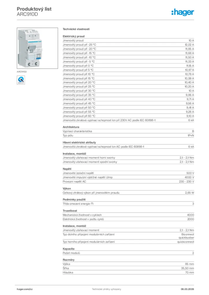 Obrázek Hager Product data sheet ARC910D | Hager