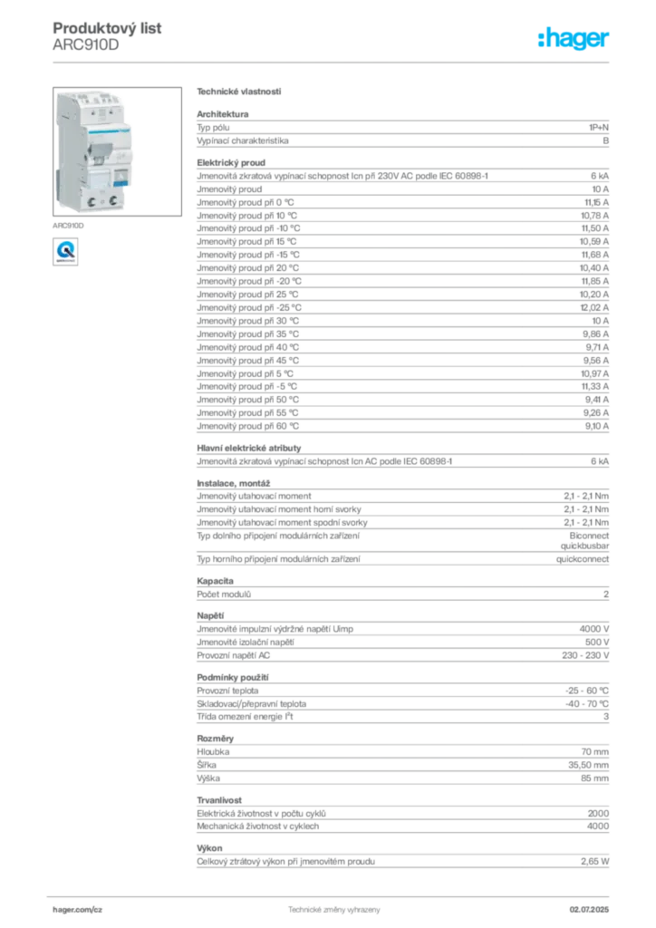 Obrázek Hager Product data sheet ARC910D | Hager