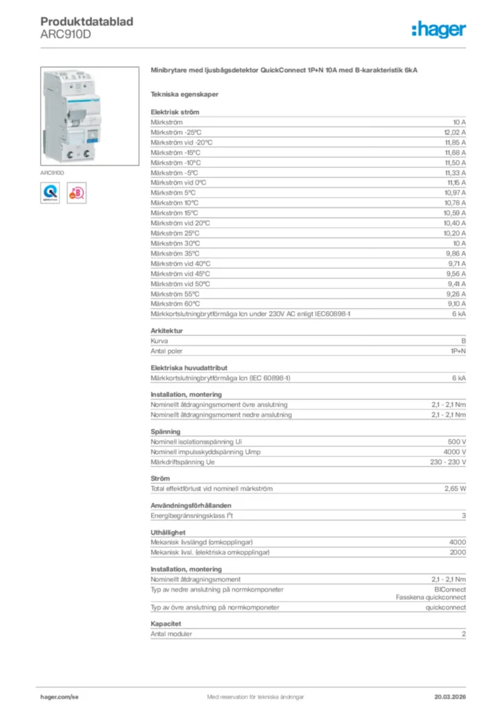 Bild Hager Produktdatablad ARC910D | Hager Sverige